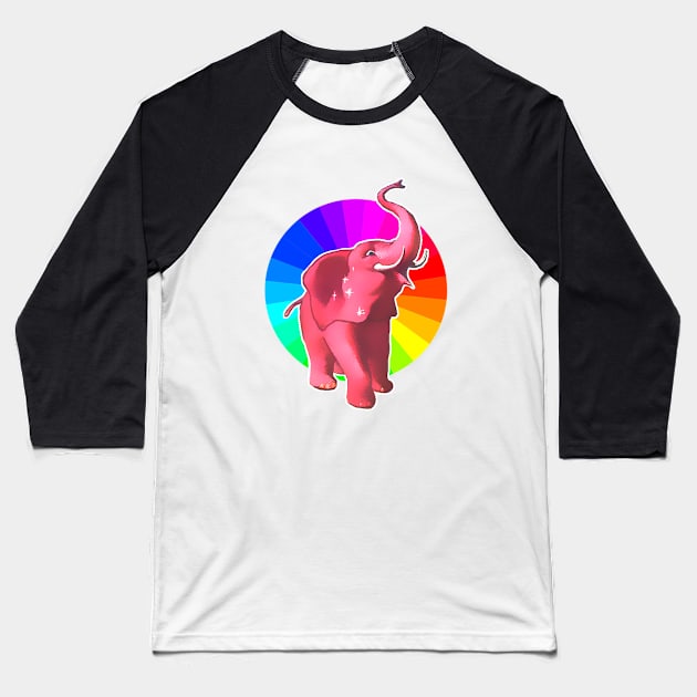 Pink Elephant Rainbow Baseball T-Shirt by Marccelus